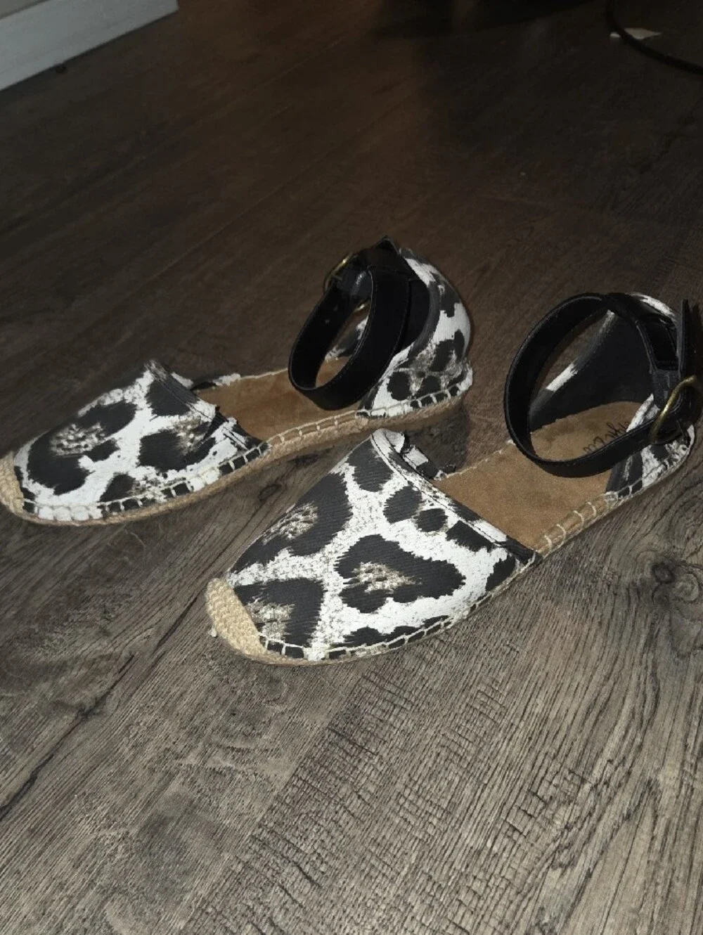 Style & Co. Black and White Leopard Espadrille Flats with Black Ankle Strap